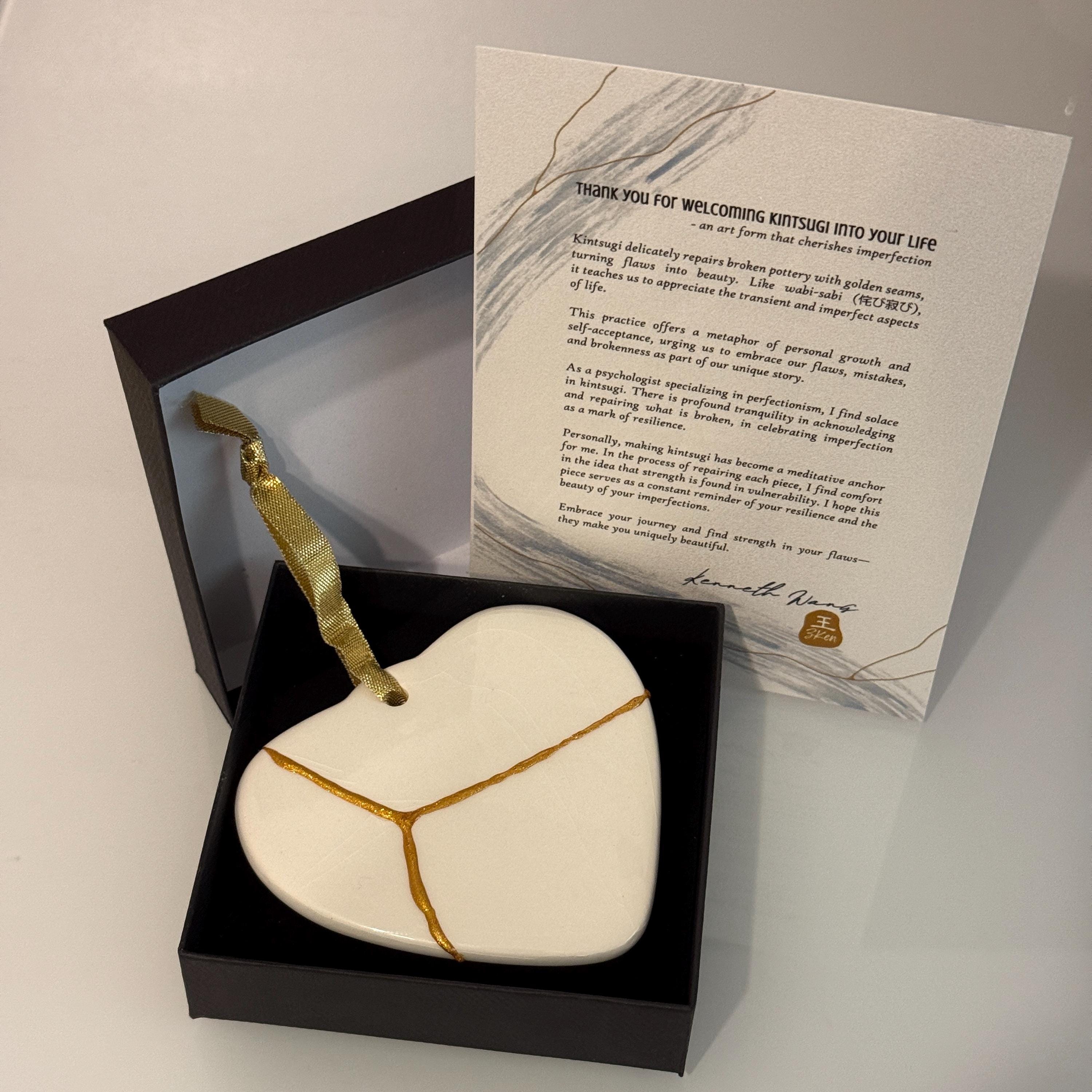Kintsugi Ornament - White Heart - Golden Repair - Gift - Broken