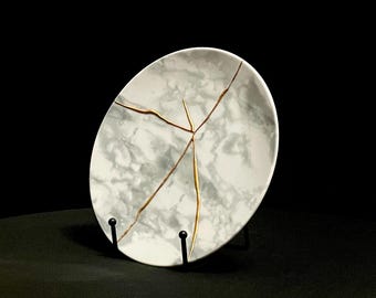 Kintsugi Plate - 4 Breaks: Golden Repair, Wabi Sabi Decor