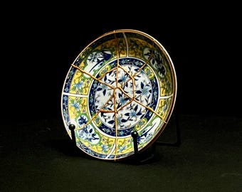 Kintsugi Plate - 11 Breaks: Golden Repair, Wabi Sabi Decor