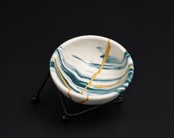 Small Kintsugi Marbled Bowl: Golden Repair, Wabi Sabi Decor