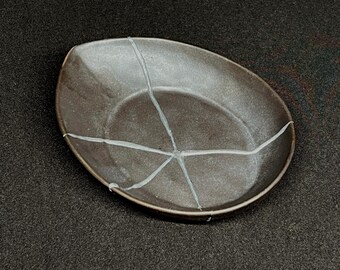 Kintsugi Plate - 3 Breaks: Silver Repair, Wabi Sabi Decor