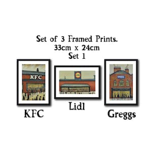 Set di 3 stampe artistiche in stile Lowry con cornice nera, 33 x 24 cm. Da montare a parete o da appoggiare, a scelta tra dieci set. Prodotto nel Regno Unito.