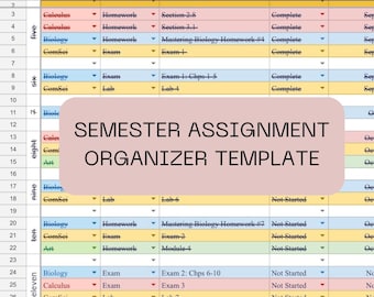 Op de afbeelding: Een kleurrijke spreadsheet-sjabloon voor het organiseren van semesteropdrachten. De sjabloon bevat kolommen voor vak, type werk, opdracht, voortgang en vervaldatum. De sjabloon is gelabeld "Semesteropdracht Organiser Template".