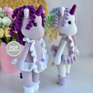 Crochet Unicorn Pattern – Amigurumi Unicorn with Rainbow Hair, DIY Crochet Animal, Gift for Kids, PDF Pattern with Step-by-Step Instructions