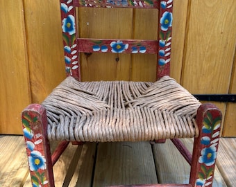 Vintage Children’s Hand-Painted Wooden Chair with Woven Seat