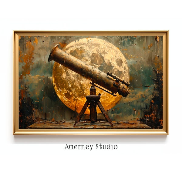 Vintage Telescope and Moon Digital Wall Art, Retro Astronomy Decor, Telescope Printable Wall Art, Space Themed Poster, Moon Digital Download