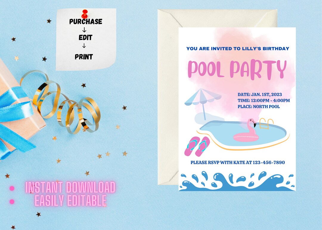 Instant Download Easily Editable Printable Kids' Pool Party Birthday Party Invitation - Etsy