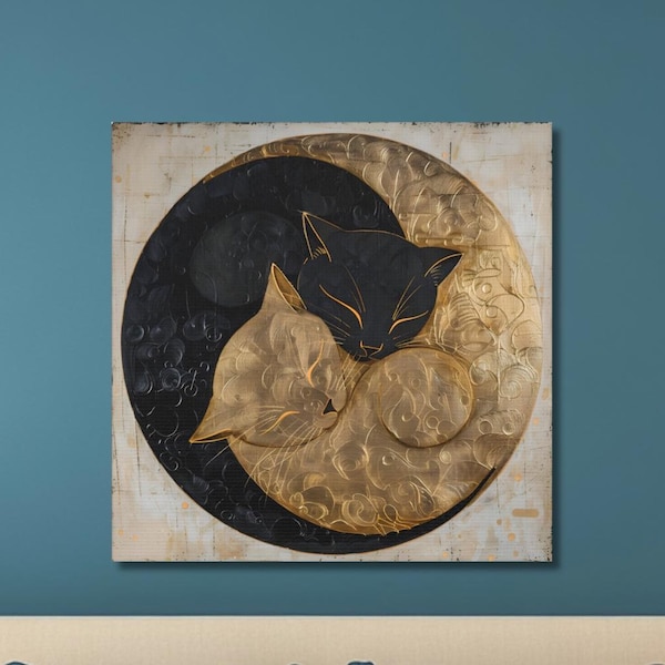 Yin Yang Cats Art Print: Klimt Style Feline Home Decor