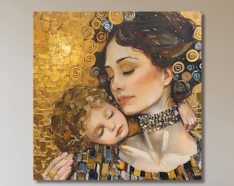 抽象アートプリント 金色フレーム付き ヴィンテージ額入り抽象アートプリント：女性と子供、華やかなゴールド
