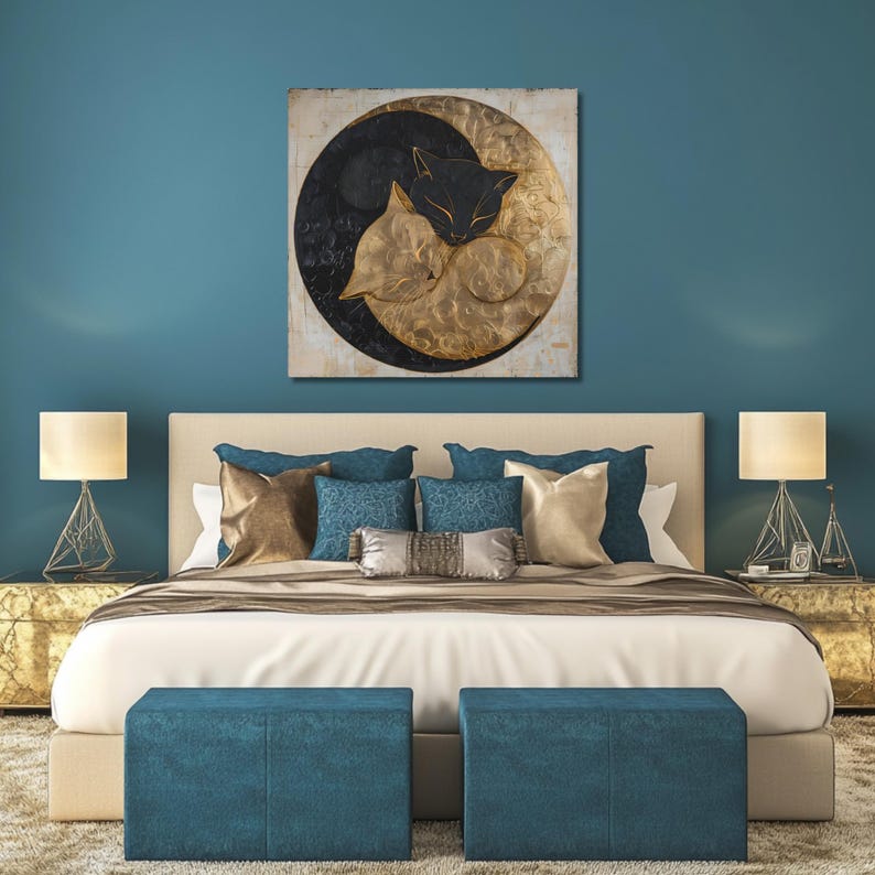 Yin Yang Cats Sleeping Art Print for Cat Lovers Painting in the Style of Klimt Artwork for Home Office, Yin and Yang Style Cats Sleeping