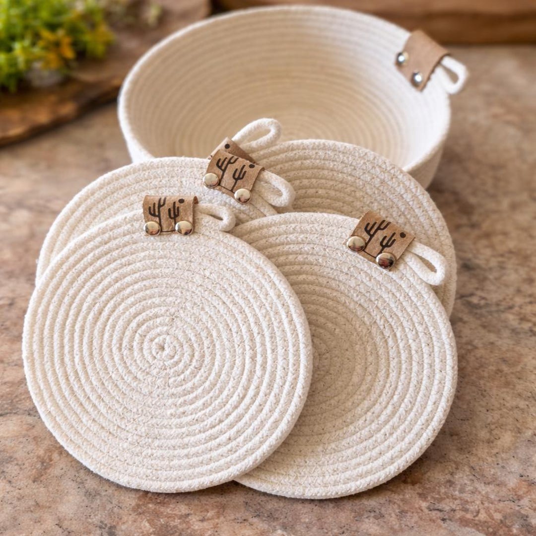 Handmade Rope Coaster Set With Leather Tag – Rustic Cotton Coasters and ...