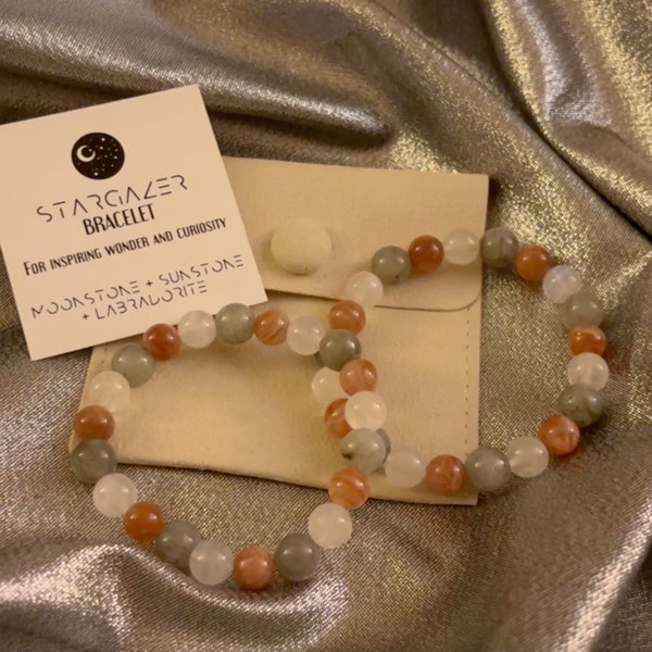 STARGAZER natural gemstone crystal 8mm bracelet feat. Moonstone, Sunstone, Labradorite, energy bracelet, healing stones, gift for girlfriend