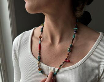 Boho Beaded Necklace: Turquoise, Coral, Agate, Sterling Silver, 22-Inch