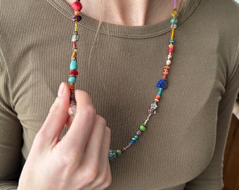 Unique Single Strand Boho Beaded Necklace -Crystal & Jade Accents with Purple Beads Southwestern Necklace Handcrafted Artisan Jewelry