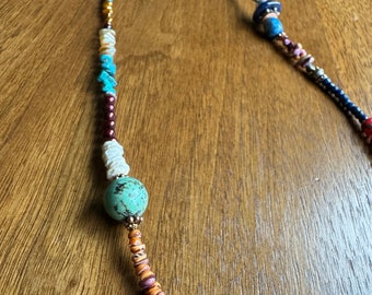 Long Boho Gemstone Necklace: Turquoise, Lapis, Sterling Silver, 34 Inch