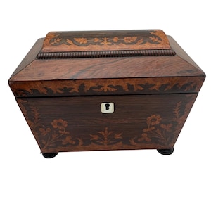 Antique Regency Rosewood Tea Caddy with Floral Marquetry, c. 1820