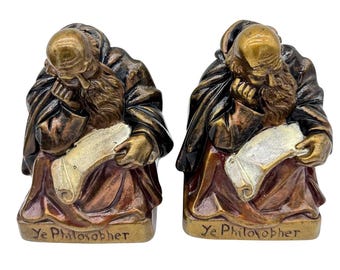 Armor Bronze "Ye Philosopher" Bookends: Polychrome Sculpture Pair, c. 1920s-30s