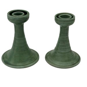 Pair of Shearwater Pottery Candlesticks – Matte Green Glaze – Signed – 5.5” Tall