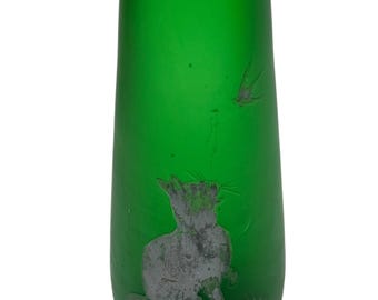 Vaso in vetro satinato verde antico con rivestimento in argento – Motivo gatto e uccello