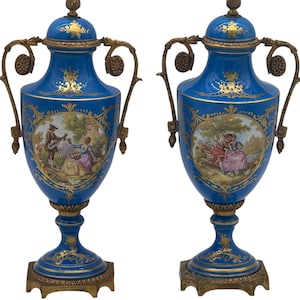 Pair of Sèvres Fragonard Porcelain Urns | Gilt Bronze Mounts | Romantic Hand-Painted Scenes
