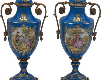 Pair of Sèvres Fragonard Porcelain Urns | Gilt Bronze Mounts | Romantic Hand-Painted Scenes