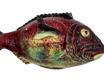 Large Portuguese Majolica Fish Tureen Attributed to Bordallo Pinheiro Glazed Ceramic Covered Dish