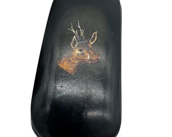Antique Hand-Painted Lacquer Snuff Box with Stag Head, c. 19th Century