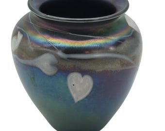 Early Orient and Flume Iridescent Glass Vase – Signed & Dated 1973, 6” Heart Vine Design