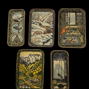 Set of 5 Japanese Papier-Mâché Trays | Vintage Handcrafted Lacquerware | Woodblock-Style Designs