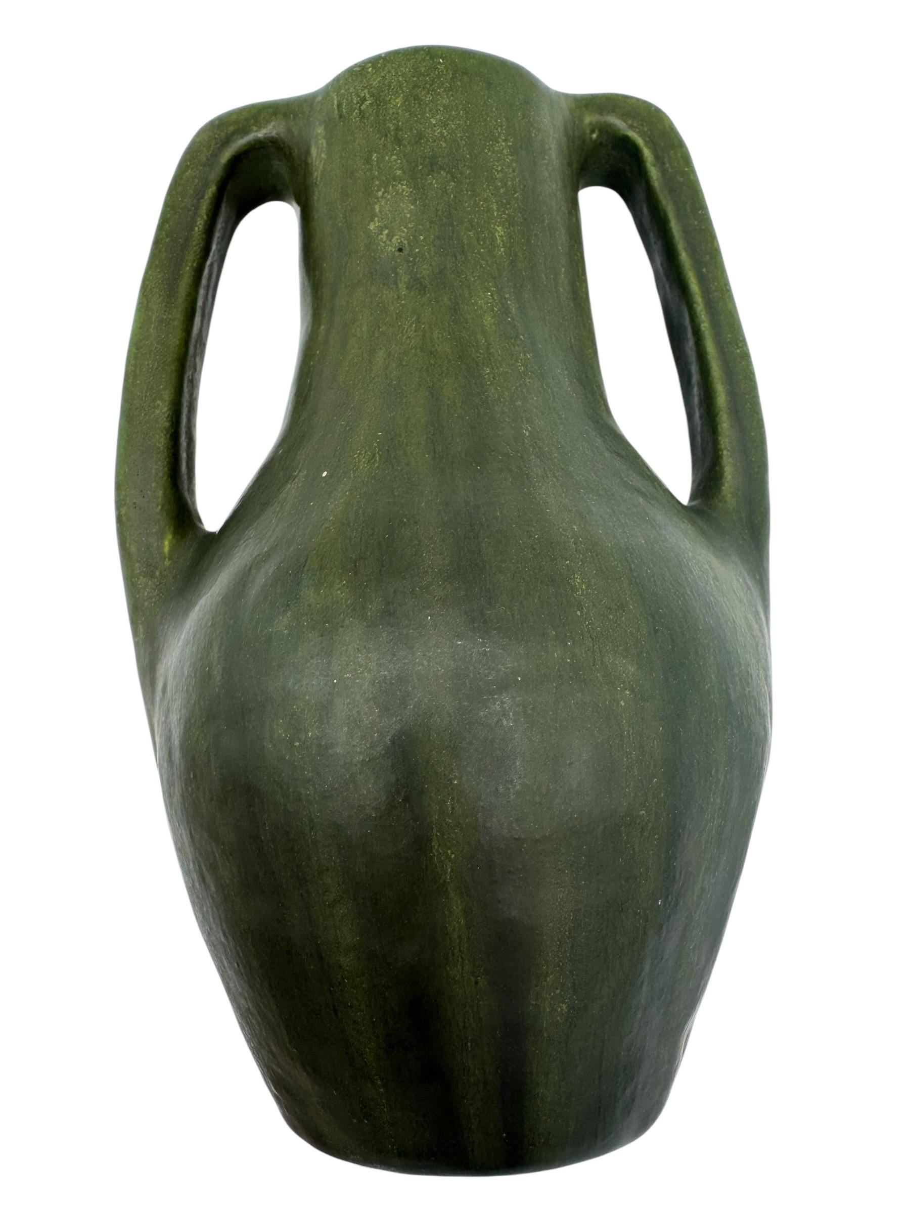Arts & Crafts Student Pottery Vase: Green Matte Glaze, Double Handled, 7"