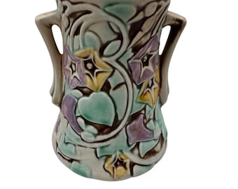 Roseville Morning Glory Vase: 1935 Two-Handled Pottery, Pastel Art Deco