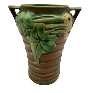 Vintage Roseville Luffa Vase: Art Deco Brown & Green Pottery