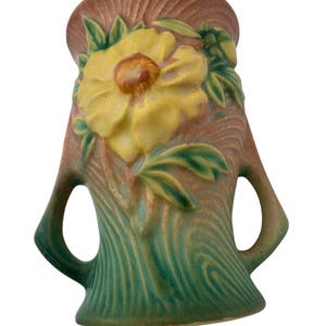 Roseville Pottery Peony Vase – Shape 57-4 – 4” Tall – Green & Rose Matte Glaze – 1942