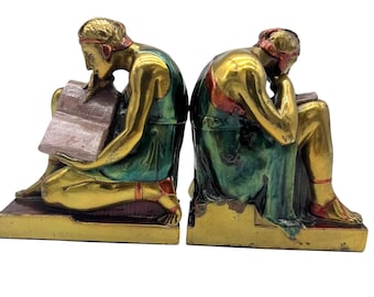 Pompeian Bronze Polychrome Bookends – Roman Scholar with Scroll – 1920s Art Deco