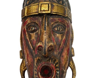Antique Andean Ceremonial Mask – Hand-Carved Tribal Folk Art with Gilded Crown, Striking Patina