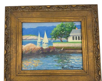 May include: A framed oil painting depicting a seascape with two sailboats in the foreground, a white house on the shore, and a green tree. The painting is signed "Brown Turner" in the lower right corner.