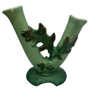 Vintage Weller Pottery Oakwood Double Bud Vase: Matte Green Art Pottery