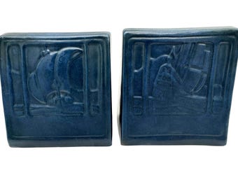 Antique Marblehead Pottery Nautical Arts Crafts Bookends: Sailboat Harbor Scene Matte Blue Glaze