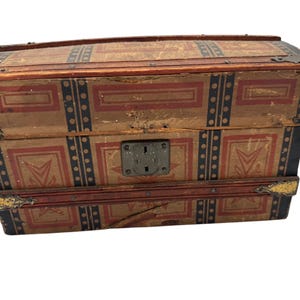 Antique 19th Century Paper-Covered Wooden Box | Victorian Dome-Top Trunk | Folk Art Lithographed Keepsake Chest