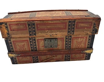 Antique 19th Century Paper-Covered Wooden Box | Victorian Dome-Top Trunk | Folk Art Lithographed Keepsake Chest
