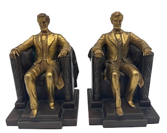 Vintage Abraham Lincoln Bookends – Jennings Brothers Gilded Metal Lincoln Memorial Sculptures