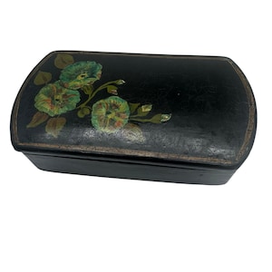 Caja de rapé/joyería antigua de papel maché pintada a mano, siglo XIX