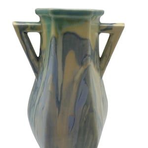 Antique Mueller Art Pottery Hexagonal Vase with Swirl Glaze & Angular Handles