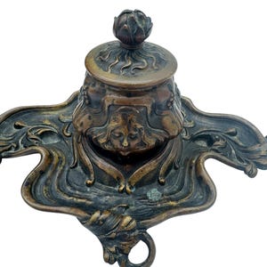 Antique Austrian Bronze Art Nouveau Inkwell – Vienna Marked, 7.5” Wide x 3.5” Tall, Circa 1900