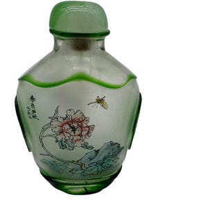 Antique Hand-Painted Green Glass Snuff Bottle - Floral and Insect Motif