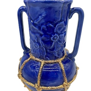 Weller Pottery One-of-a-Kind Artist-Signed Cobalt Blue & Raised Gilt Vase, c. 1920s, 8.65”