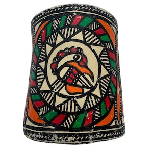 Vintage Hand-Painted Folk Art Cup – Tribal Papier-Mâché Vessel with Bird Motif