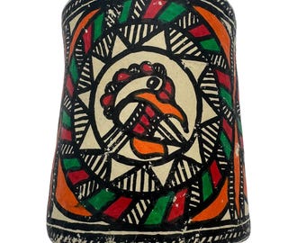 Vintage Hand-Painted Folk Art Cup – Tribal Papier-Mâché Vessel with Bird Motif