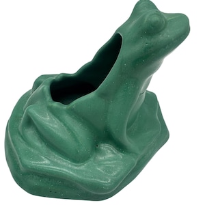 May include: A green frog-shaped planter with a textured surface. The frog is depicted in a sitting position, with a large opening on its back for planting. The planter is designed to resemble a frog sitting on a lily pad.