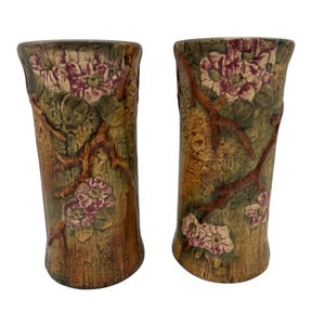 Antique Weller Pottery Dogwood Vases: Flemish Art Pottery Pair